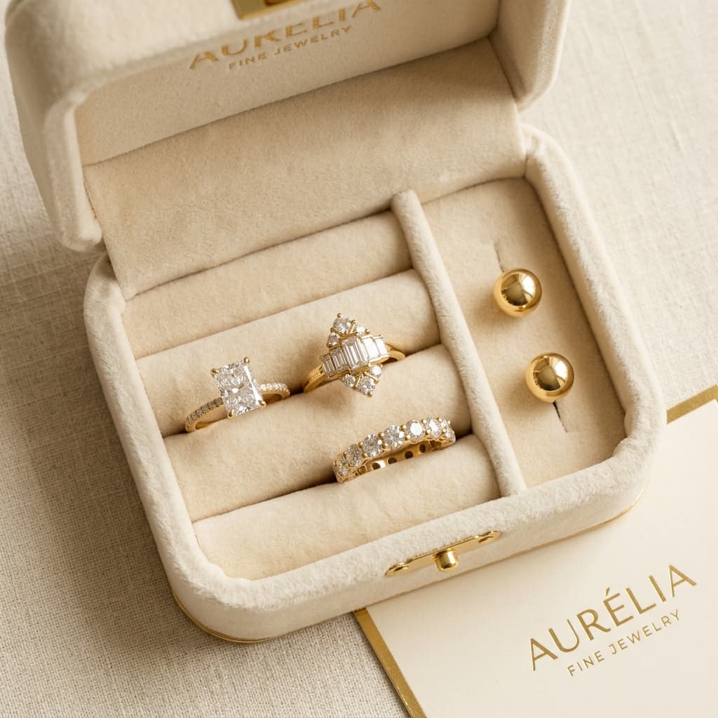 Velvet jewelry organizer with diamond engagement rings and studs